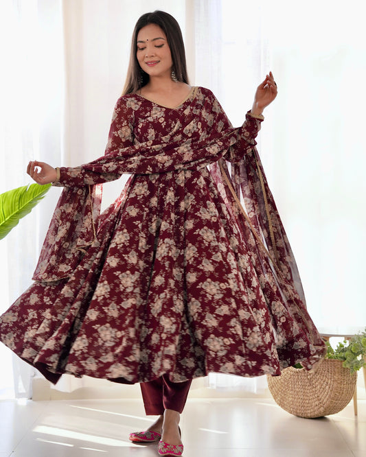 Pure Fox Georgette Multi-Floral Print Anarkali with Dupatta and Pants - Ready to Wear