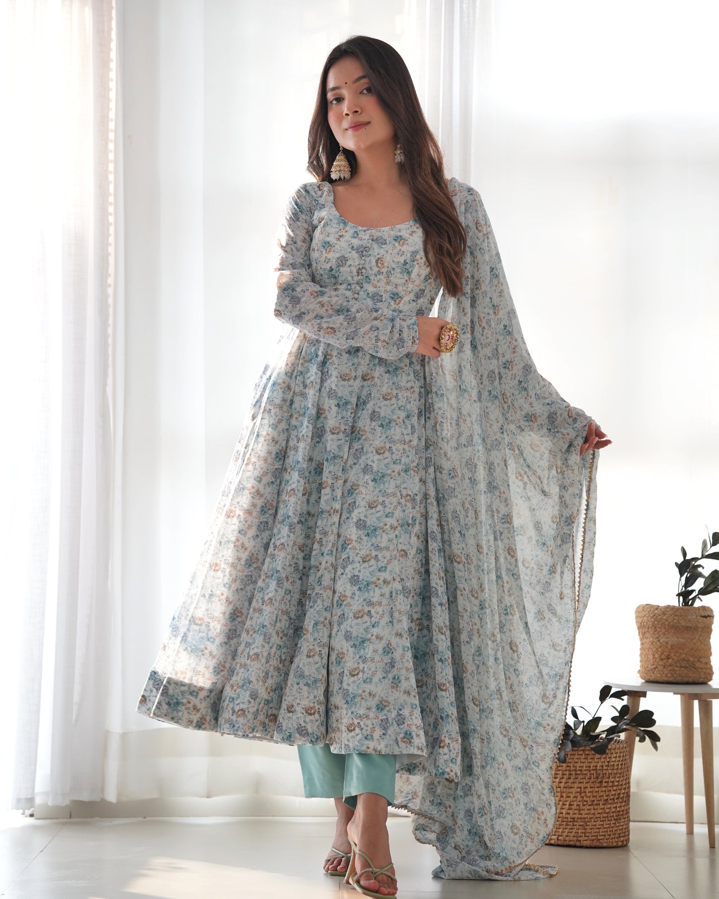 Pure Organza Chiffon Floral Print Anarkali Set