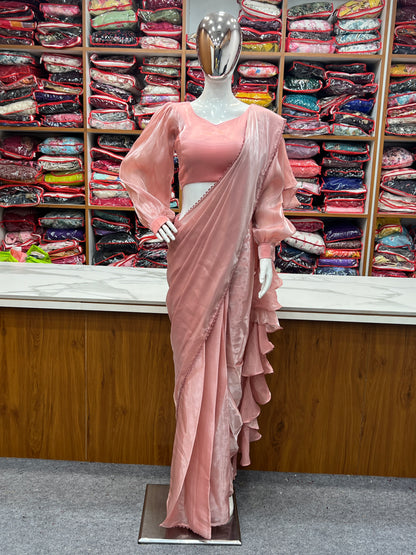 Ready-to-Wear Pre-Draped Saree with Fully Stitched Blouse - Jimmy Choo Fabric