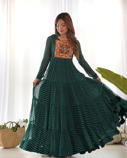 Colorful Laheriya Anarkali Gown for Navratri in Green