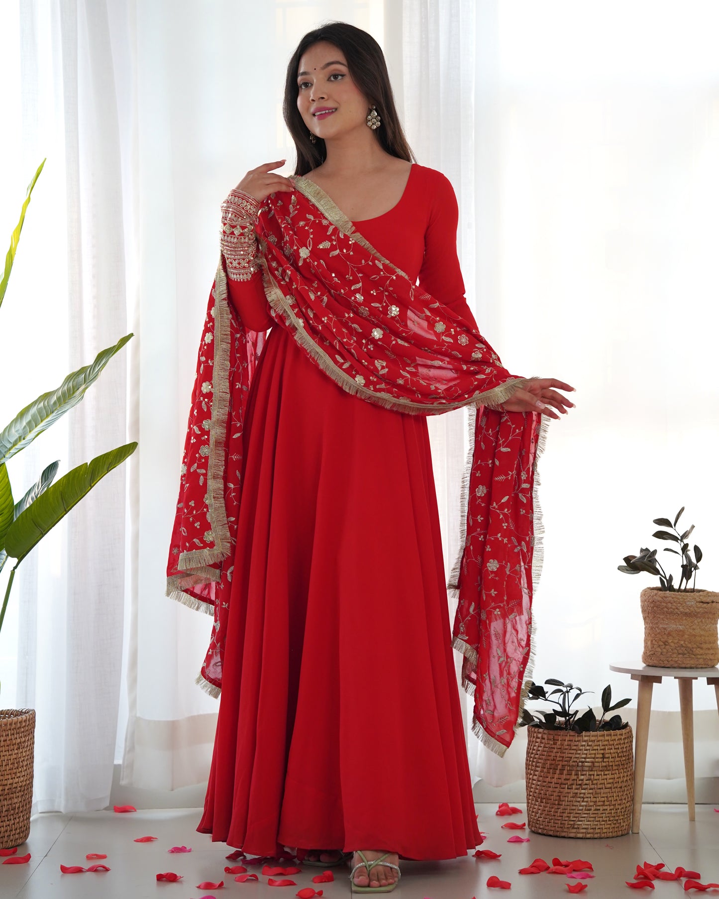 Red Georgette Gown Dupatta Full Set With Pent Ready to Wear