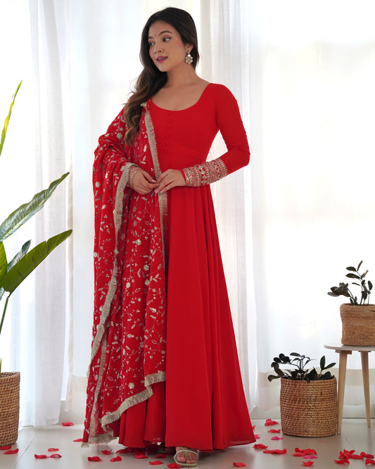 Red Georgette Gown Dupatta Full Set With Pent Ready to Wear