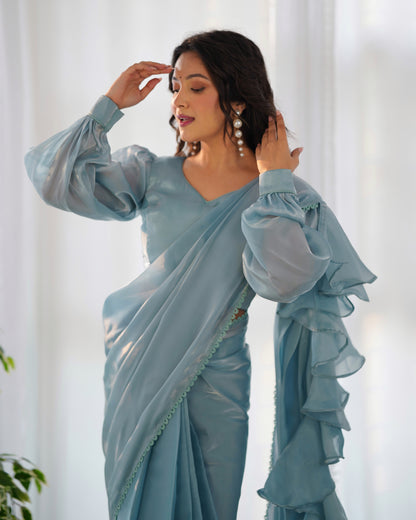 Ready-to-Wear Pre-Draped Saree with Fully Stitched Blouse - Jimmy Choo Fabric