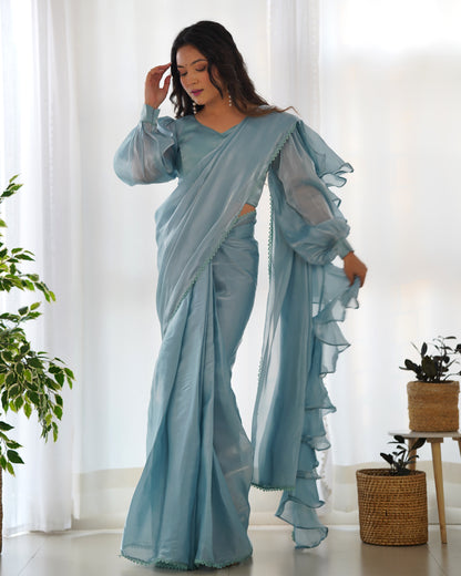 Ready-to-Wear Pre-Draped Saree with Fully Stitched Blouse - Jimmy Choo Fabric