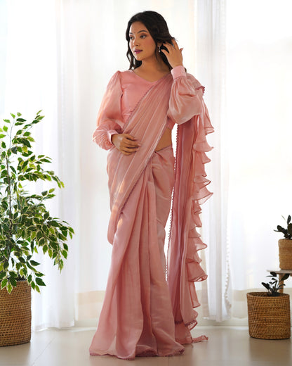 Ready-to-Wear Pre-Draped Saree with Fully Stitched Blouse - Jimmy Choo Fabric