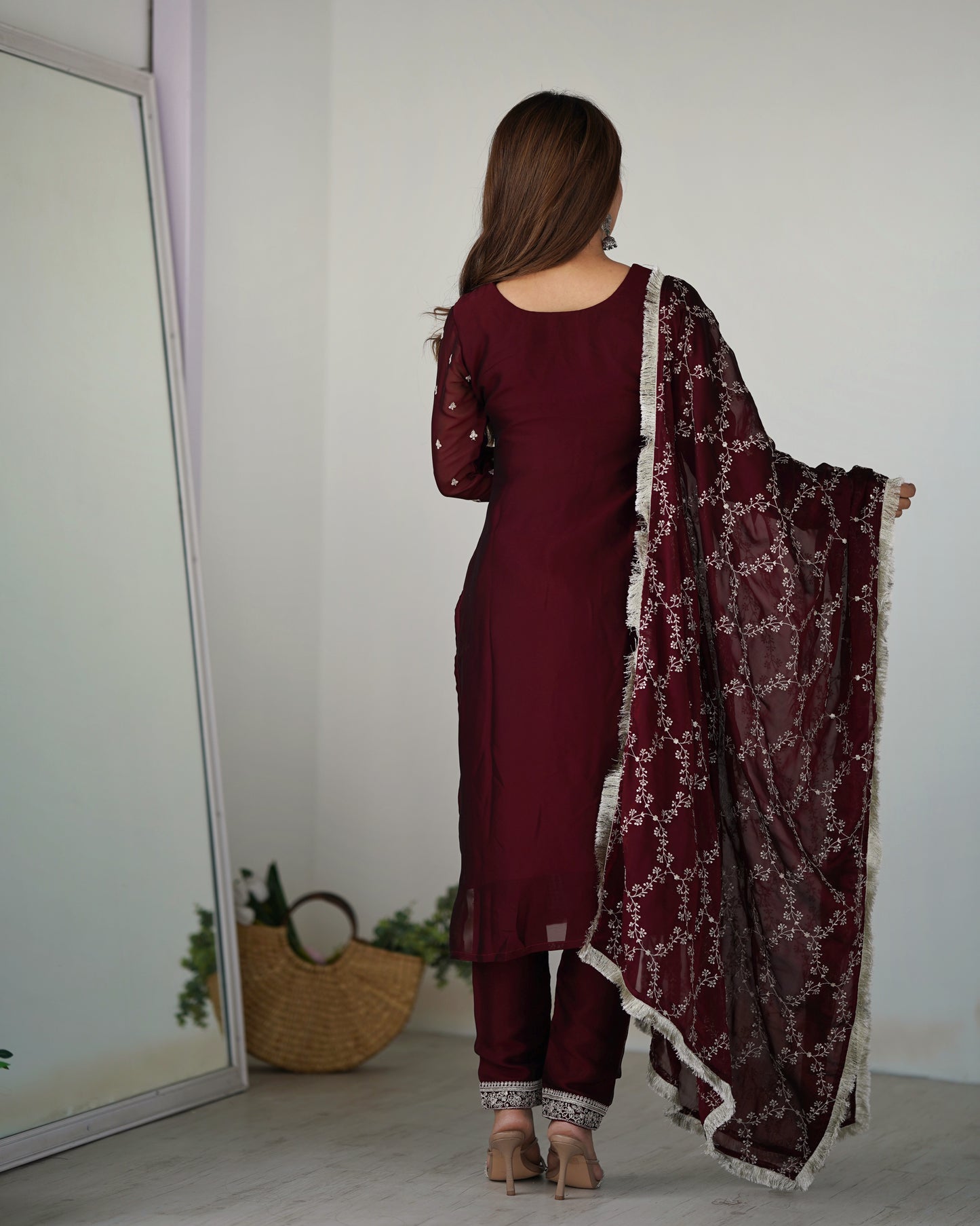 Maroon Color Embroidered Sequence and Thread Work Full Set Kurti