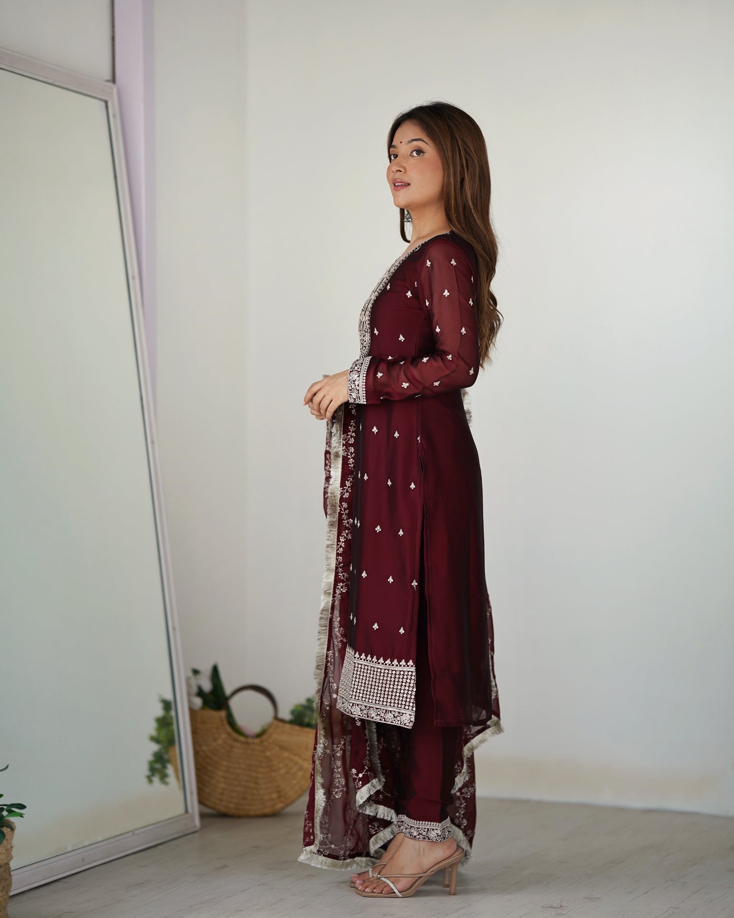 Maroon Color Embroidered Sequence and Thread Work Full Set Kurti