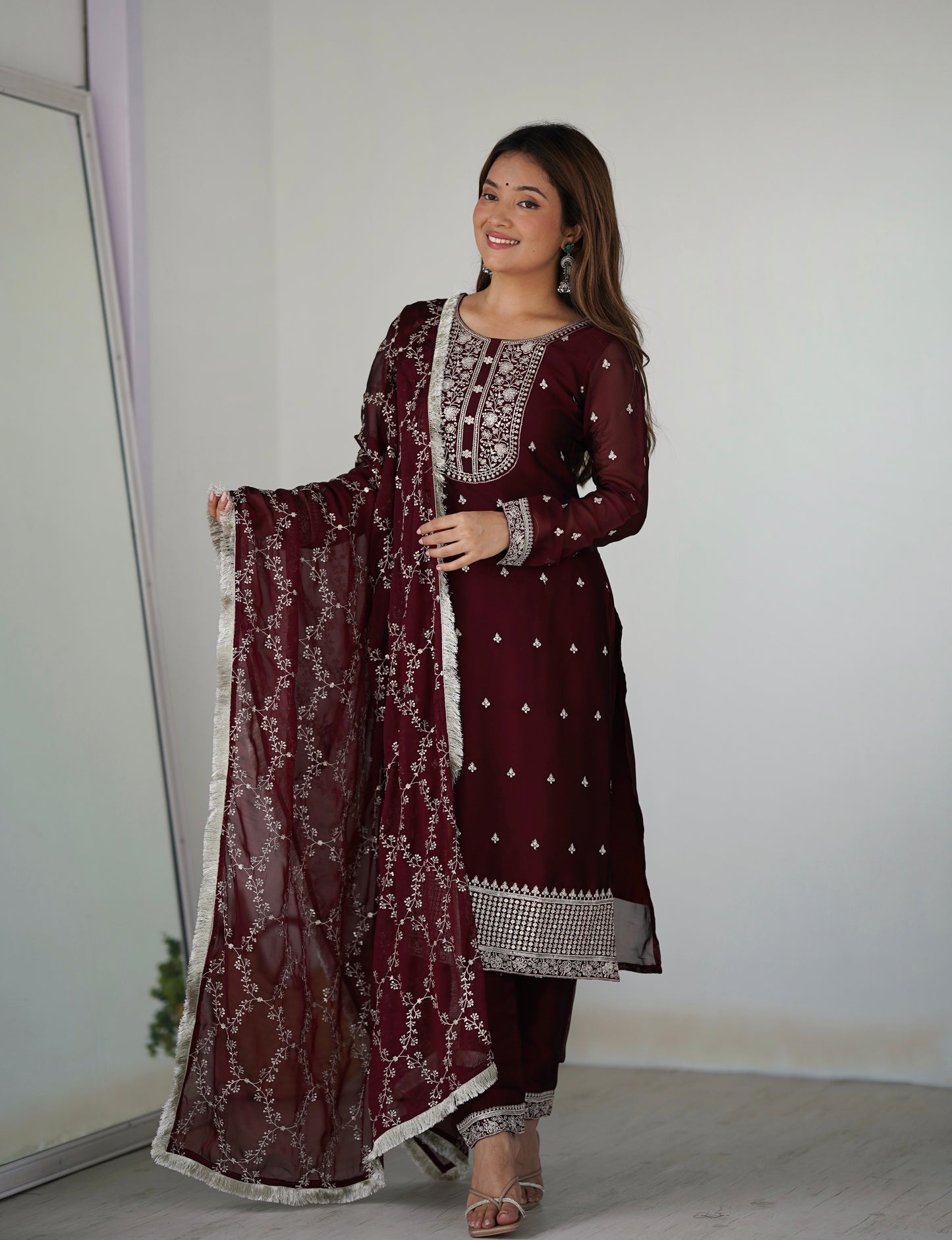 Maroon Color Embroidered Sequence and Thread Work Full Set Kurti