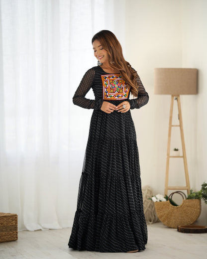 Colorful Laheriya Anarkali Gown for Navratri in Black