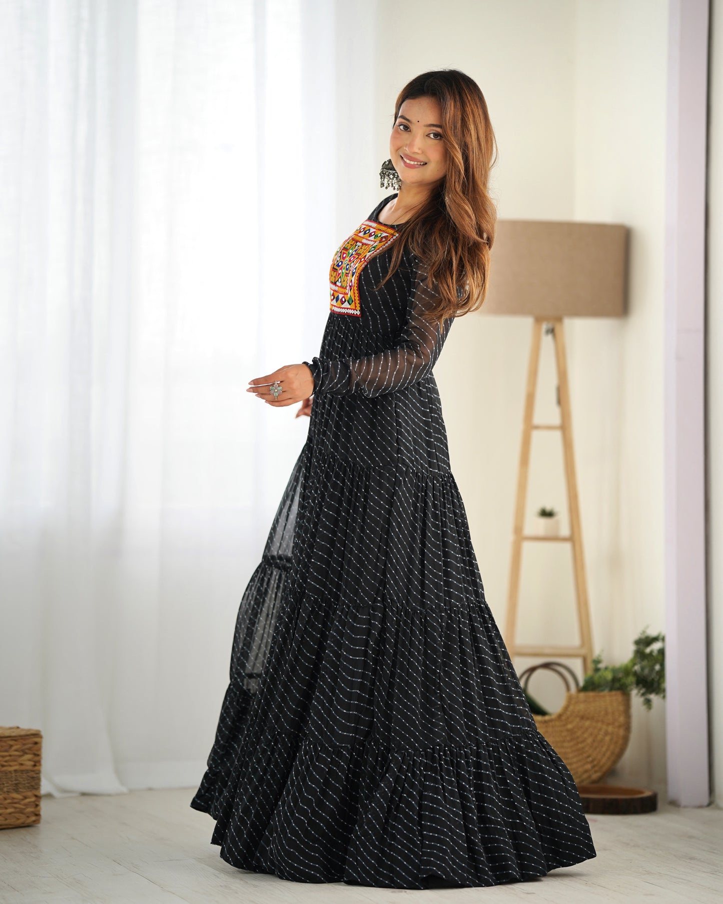 Colorful Laheriya Anarkali Gown for Navratri in Black