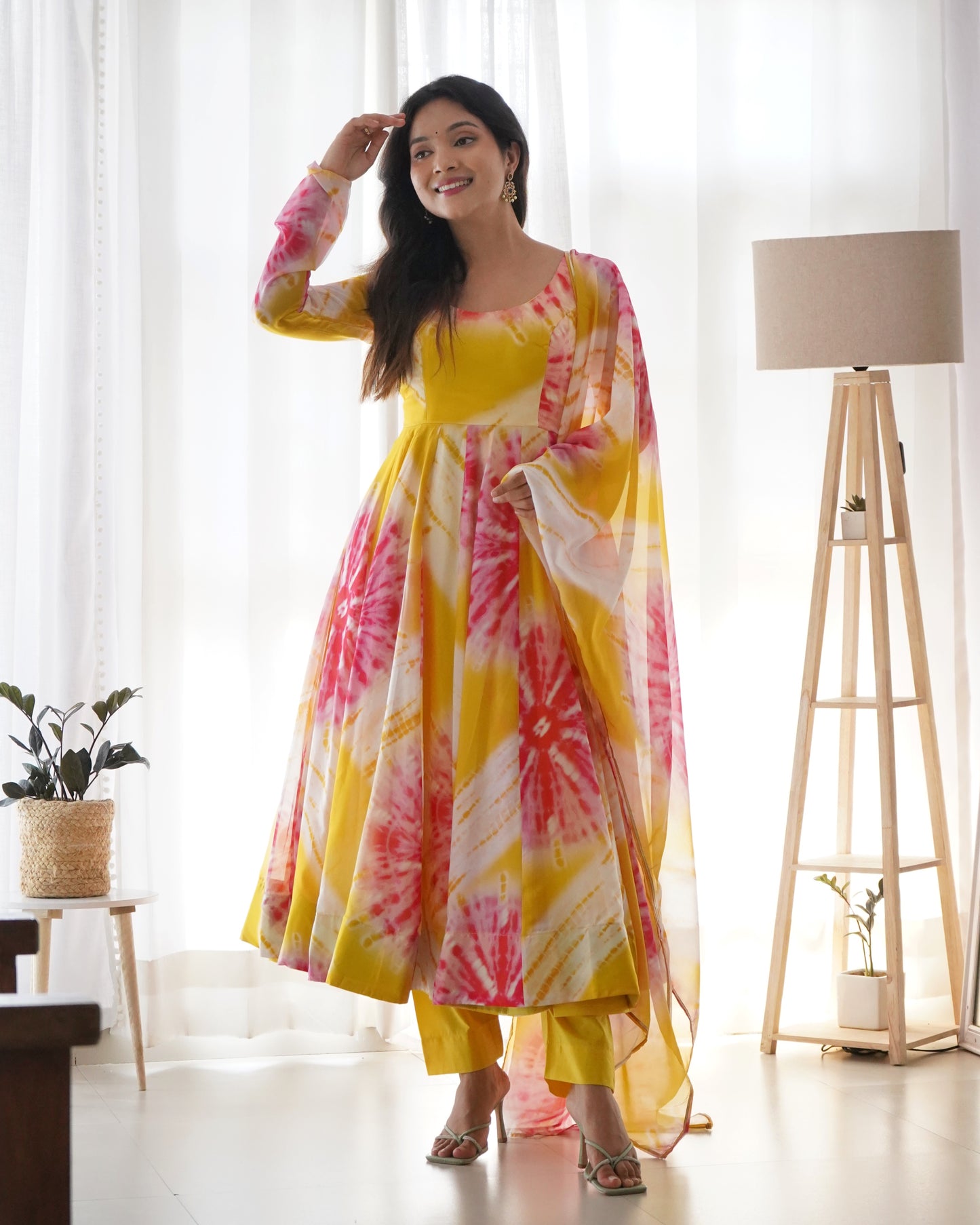 Organza Silk Flare Dress with Canvas Accents and Matching Dupatta Set