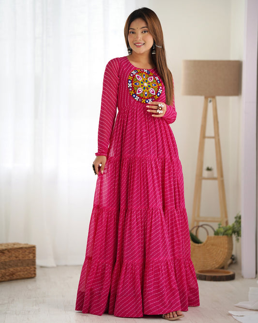 Colorful Laheriya Anarkali Gown for Navratri in Rani