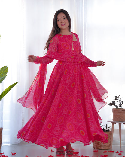 Elegant Ready-to-Wear Style with Designer Pure Chiffon Bandhej Flair Gown Set