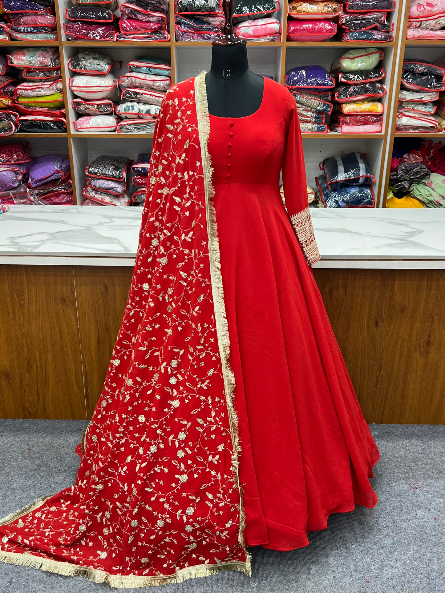 Red Georgette Gown Dupatta Full Set With Pent Ready to Wear