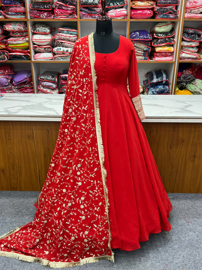 Red Georgette Gown Dupatta Full Set With Pent Ready to Wear