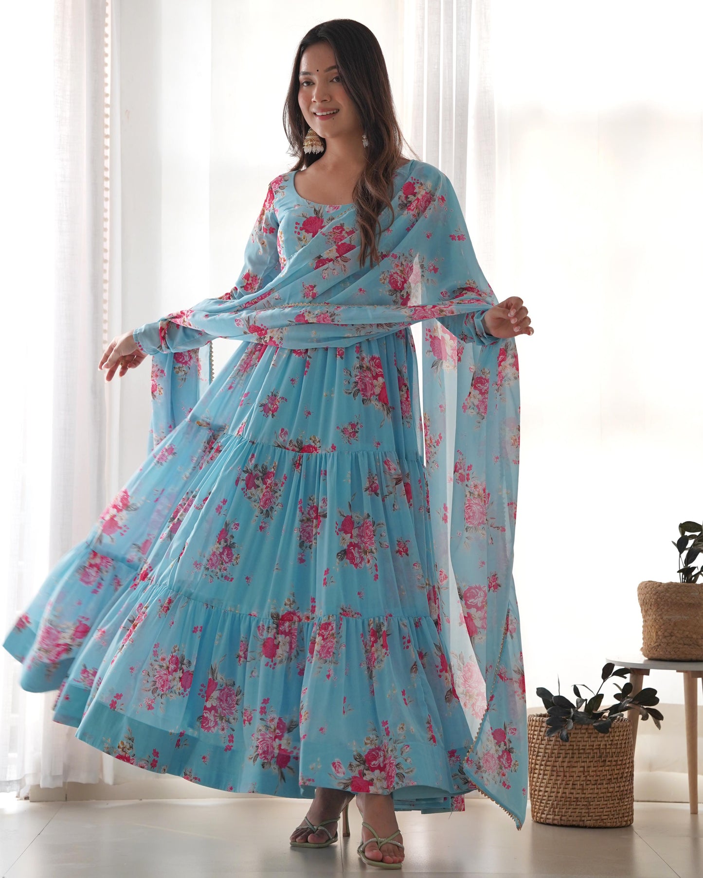 Pure Soft Fox Georgette Floral Print Anarkali Set with Dupatta - Fully Flair, Pent Ready to Wear