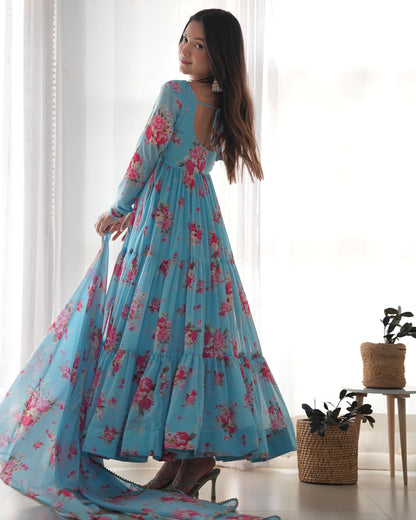 Pure Soft Fox Georgette Floral Print Anarkali Set with Dupatta - Fully Flair, Pent Ready to Wear