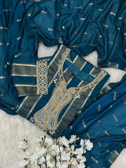 Opulent Chanderi Kurtipent with Handcrafted Mirror Work and Embroidered Dupatta