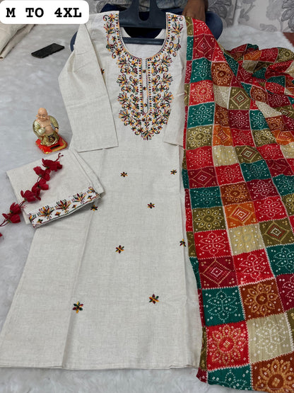 Khadi Spectrum: Cotton Kurti and Pant with Multi-Color Dupatta