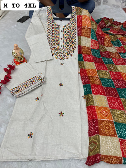 Khadi Spectrum: Cotton Kurti and Pant with Multi-Color Dupatta