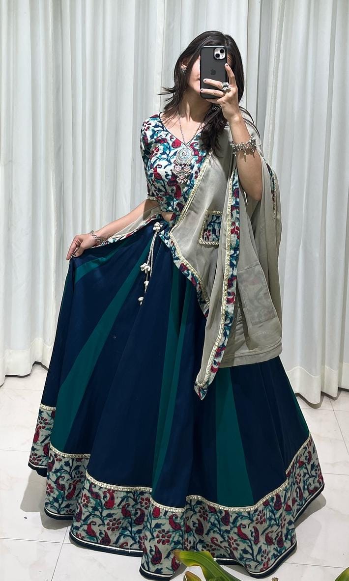 Stunning Morpankh & Blue Pure Rayon Lehenga for Navratri