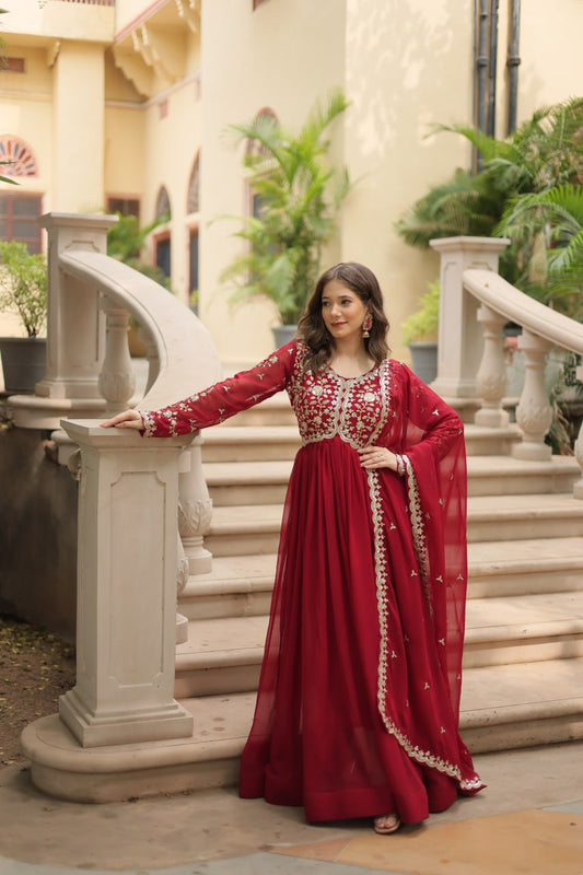 Faux Blooming Gown with Multi-Color Sequins & Embroidery in Maroon