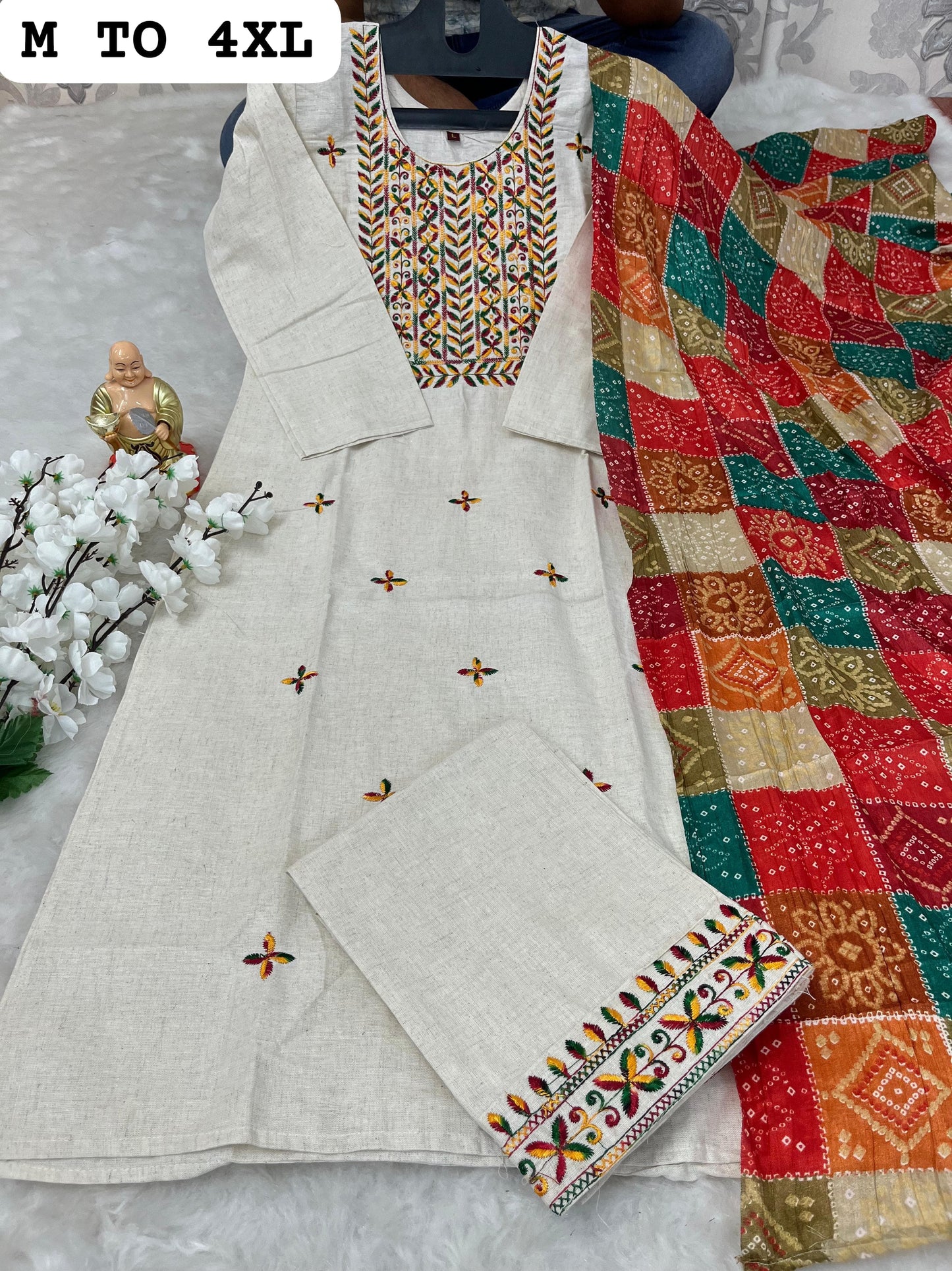 Khadi Spectrum: Cotton Kurti and Pant with Multi-Color Dupatta