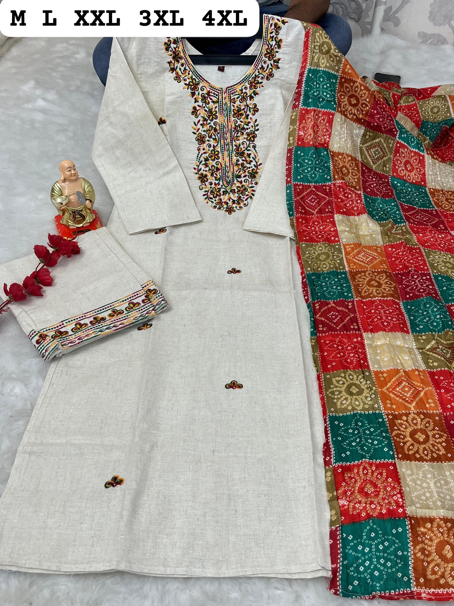 Khadi Spectrum: Cotton Kurti and Pant with Multi-Color Dupatta