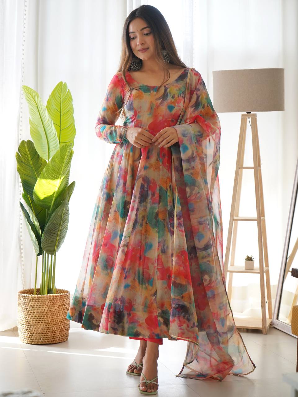 Organza Silk Flare Dress with Canvas Accents and Matching Dupatta Set