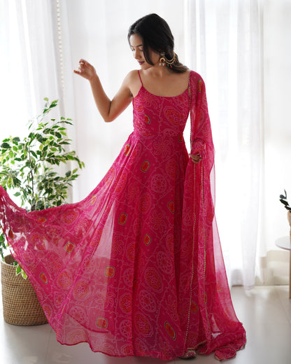 Chiffon Bandhej Full Flair Gown Set